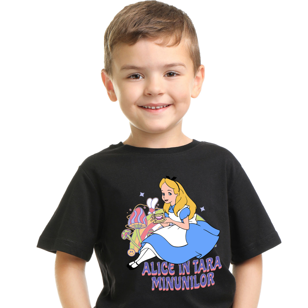 Tricou Copii cu Calatoria Magica a lui Alice in Taramul Viselor 100% Bumbac, Negru, 4 Ani [2]