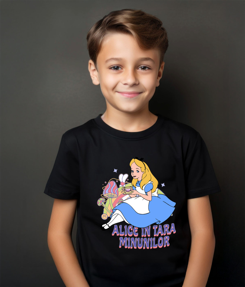 Tricou Copii cu Calatoria Magica a lui Alice in Taramul Viselor 100% Bumbac, Negru, 4 Ani [4]
