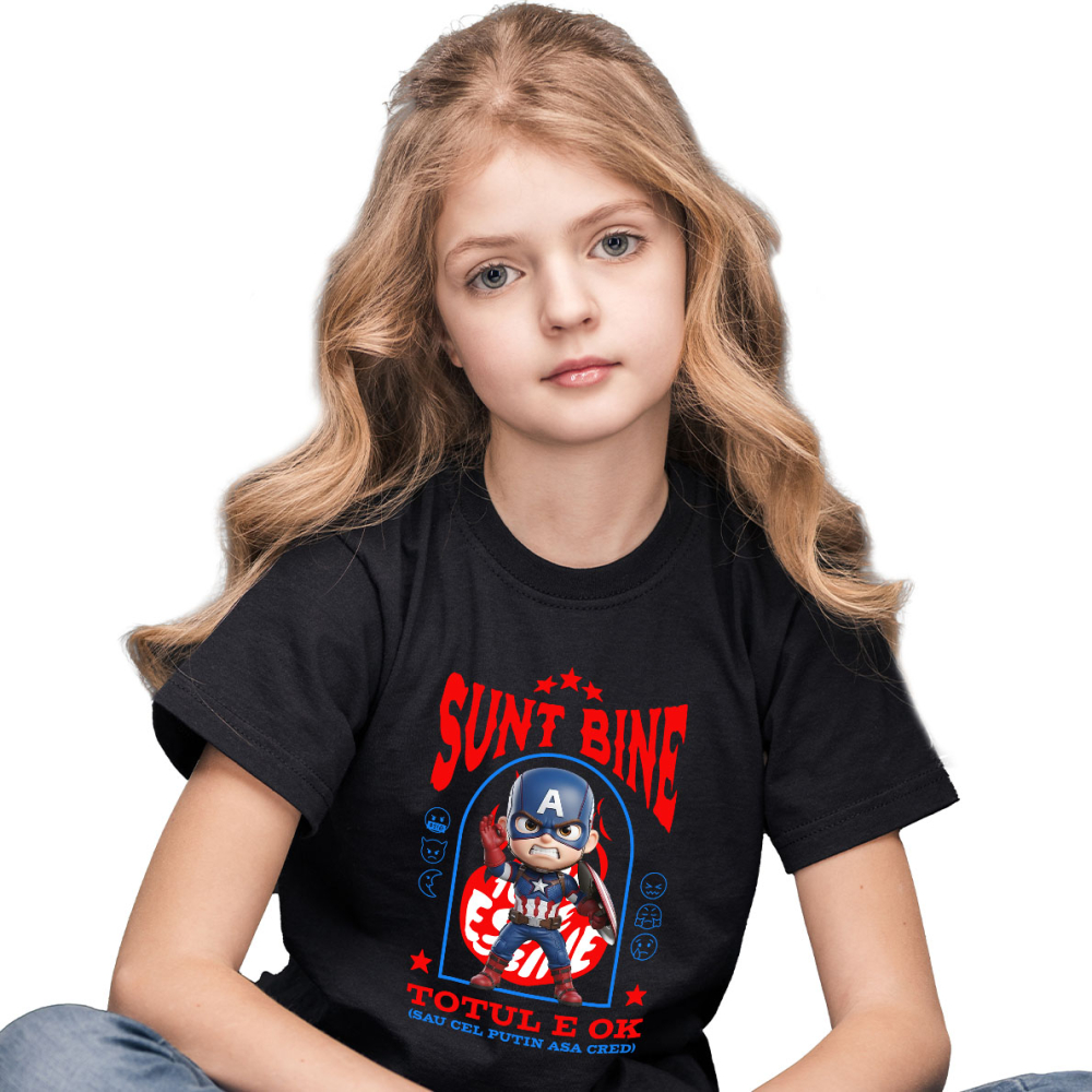 Tricou Copii cu Capitanul America, Ok, Sarcastic, Nervos, Iritat 100% Bumbac, Negru, 10 Ani [2]
