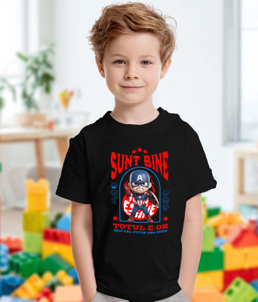 Tricou Copii cu Capitanul America, Ok, Sarcastic, Nervos, Iritat 100% Bumbac, Negru, 10 Ani [3]