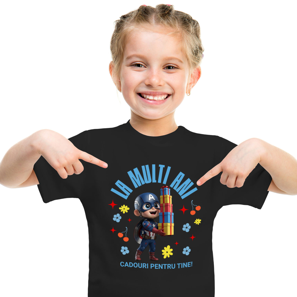 Tricou Copii cu Captain America - Cadouri Care Inspira la Ziua Ta 100% Bumbac, Negru, 6 Ani [2]