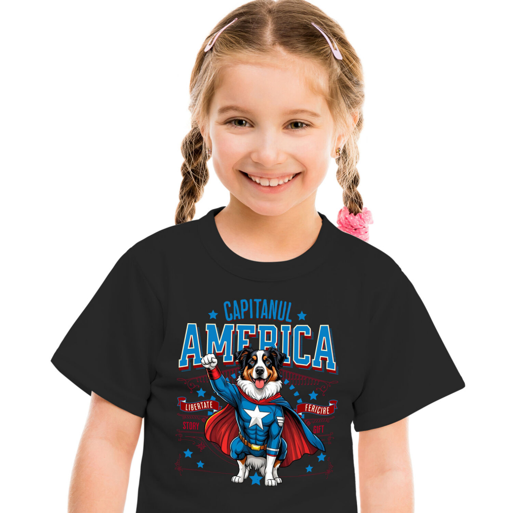 Tricou Femei, Barbati, Copii, Fata, Baiat, Unisex Personalizat Australian Shepherd în Costum de Captain America cu Pelerină - Cadou Personalizat pentru Copii și Iubitorii de Câini [2]