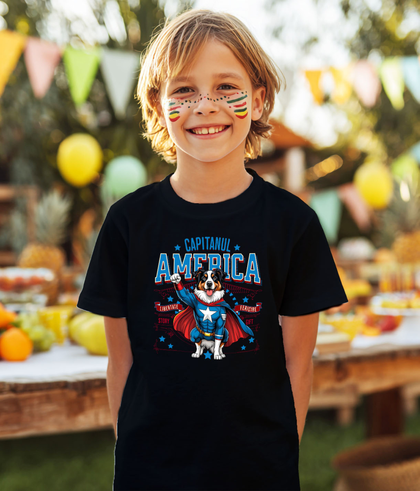 Tricou Femei, Barbati, Copii, Fata, Baiat, Unisex Personalizat Australian Shepherd în Costum de Captain America cu Pelerină - Cadou Personalizat pentru Copii și Iubitorii de Câini [3]