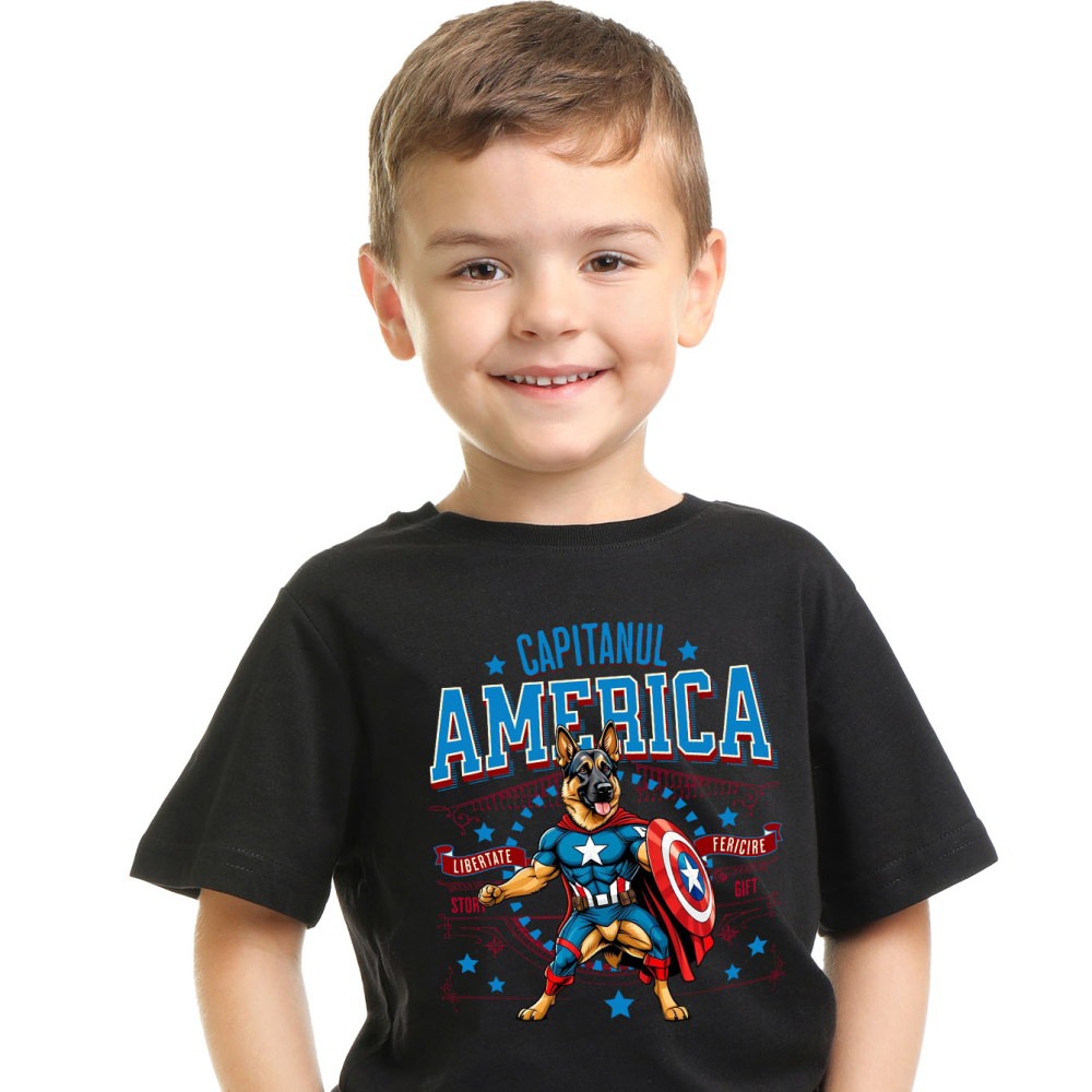 Tricou Femei, Barbati, Copii, Fata, Baiat, Unisex Personalizat Ciobănesc German în Costum Captain America cu Pelerină - Cadou Personalizat pentru Copii și Iubitorii de Câini [2]
