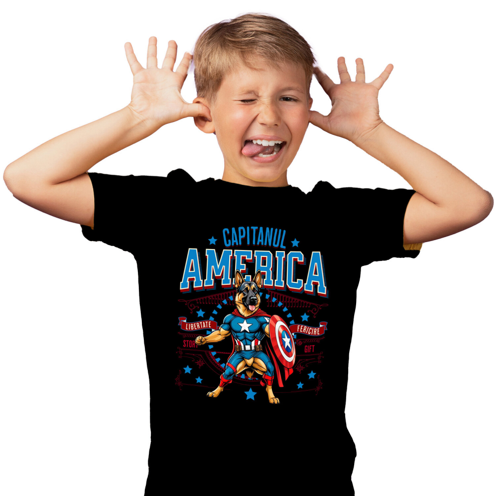 Tricou Femei, Barbati, Copii, Fata, Baiat, Unisex Personalizat Ciobănesc German în Costum Captain America cu Pelerină - Cadou Personalizat pentru Copii și Iubitorii de Câini [1]