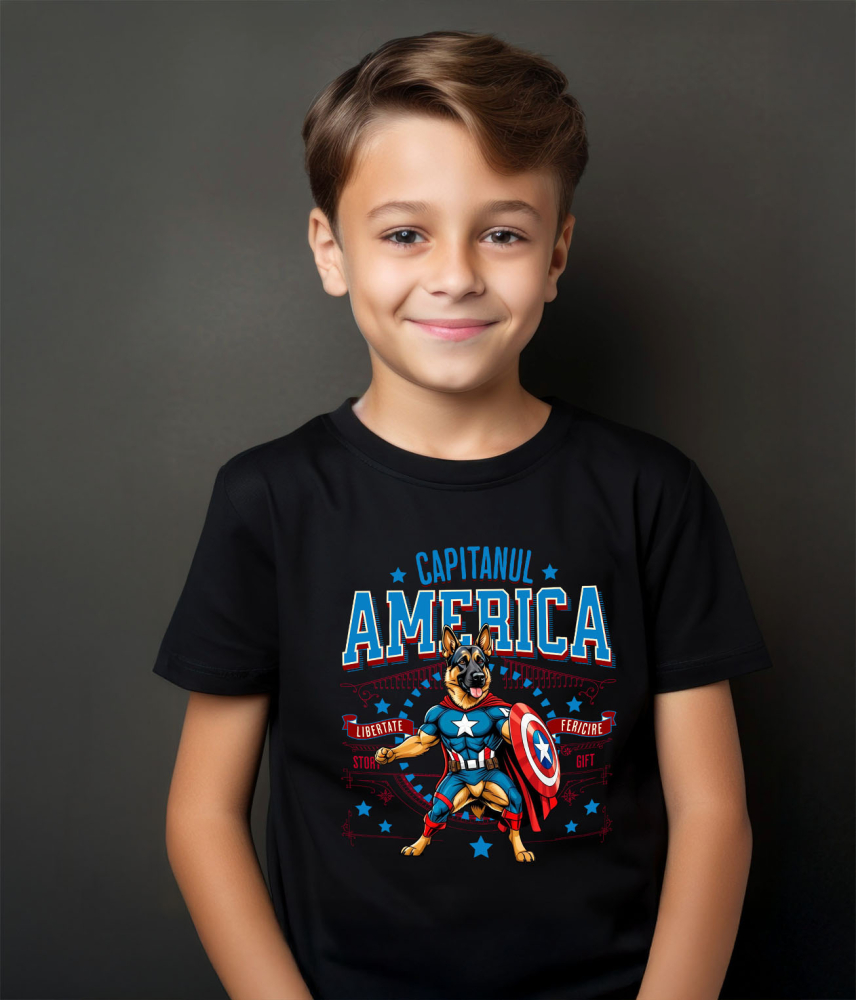 Tricou Femei, Barbati, Copii, Fata, Baiat, Unisex Personalizat Ciobănesc German în Costum Captain America cu Pelerină - Cadou Personalizat pentru Copii și Iubitorii de Câini [4]