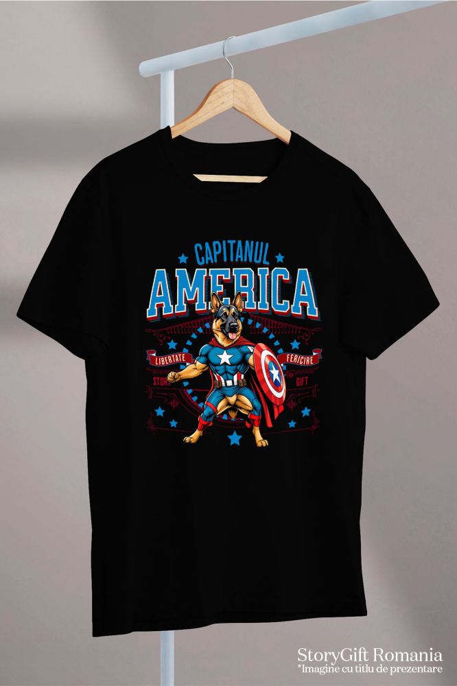 Tricou Femei, Barbati, Copii, Fata, Baiat, Unisex Personalizat Ciobănesc German în Costum Captain America cu Pelerină - Cadou Personalizat pentru Copii și Iubitorii de Câini [5]