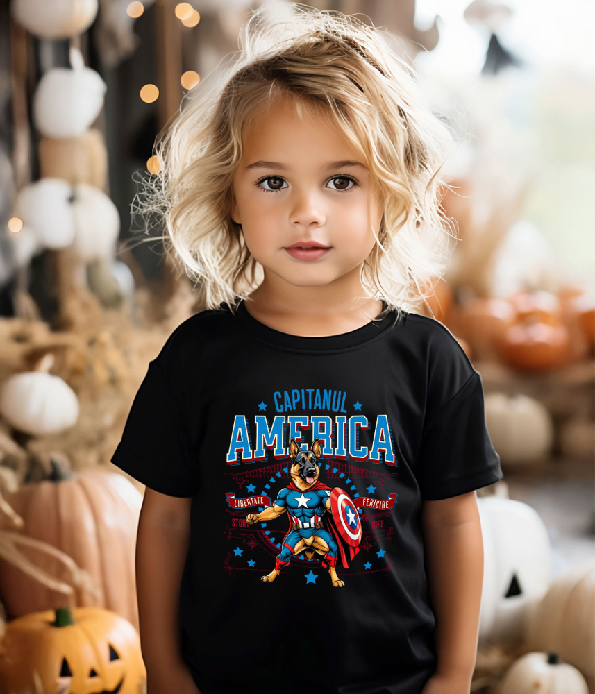 Tricou Femei, Barbati, Copii, Fata, Baiat, Unisex Personalizat Ciobănesc German în Costum Captain America cu Pelerină - Cadou Personalizat pentru Copii și Iubitorii de Câini [3]