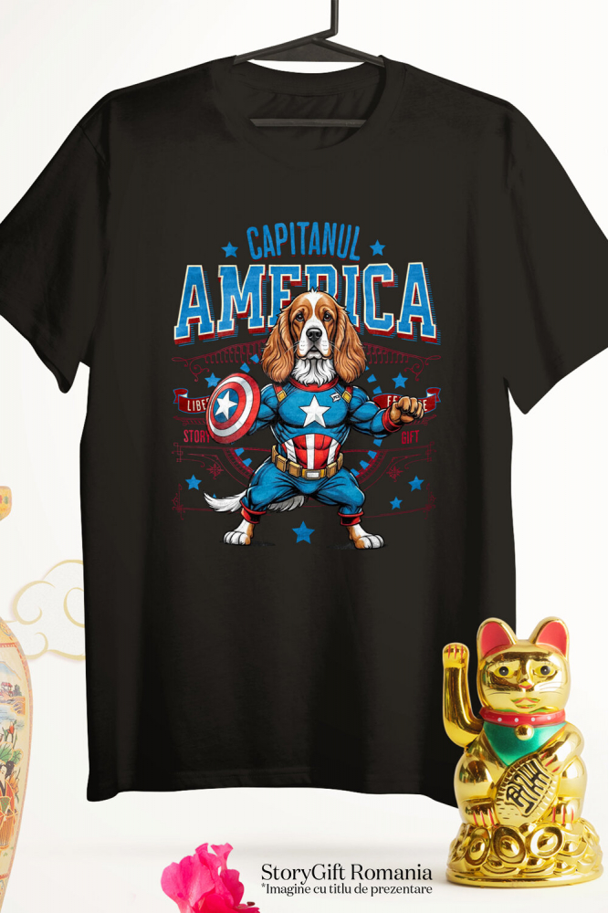 Tricou Femei, Barbati, Copii, Fata, Baiat, Unisex Personalizat Cocker Spaniel în Costum de Captain America - Cadouri Personalizate pentru Iubitorii de Animale [1]