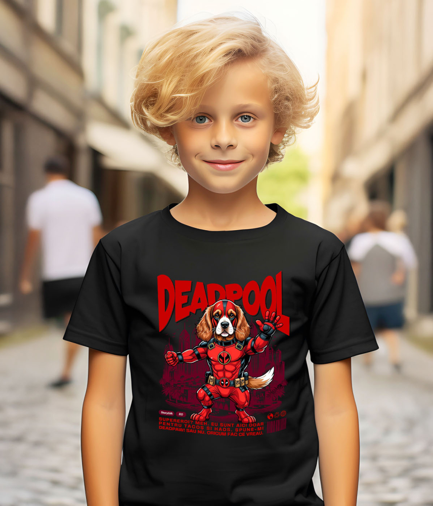 Tricou Femei, Barbati, Copii, Fata, Baiat, Unisex Personalizat Cocker Spaniel în Costum Deadpool – Câine Supererou Amuzant și Personalizat [4]