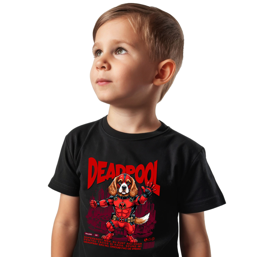 Tricou Femei, Barbati, Copii, Fata, Baiat, Unisex Personalizat Cocker Spaniel în Costum Deadpool – Câine Supererou Amuzant și Personalizat [2]