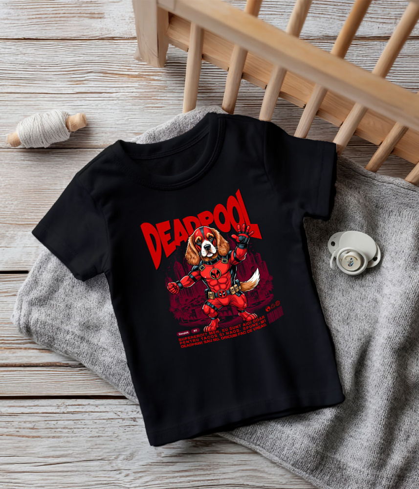 Tricou Femei, Barbati, Copii, Fata, Baiat, Unisex Personalizat Cocker Spaniel în Costum Deadpool – Câine Supererou Amuzant și Personalizat [5]