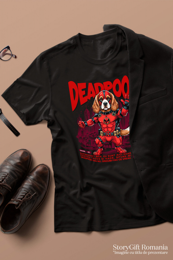 Tricou Femei, Barbati, Copii, Fata, Baiat, Unisex Personalizat Cocker Spaniel în Costum Deadpool – Câine Supererou Amuzant și Personalizat [3]
