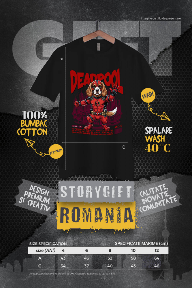 Tricou Femei, Barbati, Copii, Fata, Baiat, Unisex Personalizat Cocker Spaniel în Costum Deadpool – Câine Supererou Amuzant și Personalizat [4]