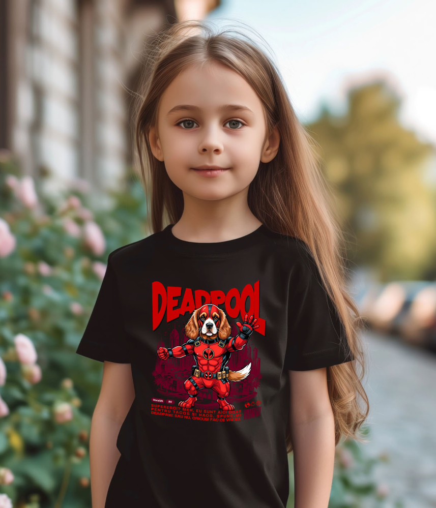Tricou Femei, Barbati, Copii, Fata, Baiat, Unisex Personalizat Cocker Spaniel în Costum Deadpool – Câine Supererou Amuzant și Personalizat [3]