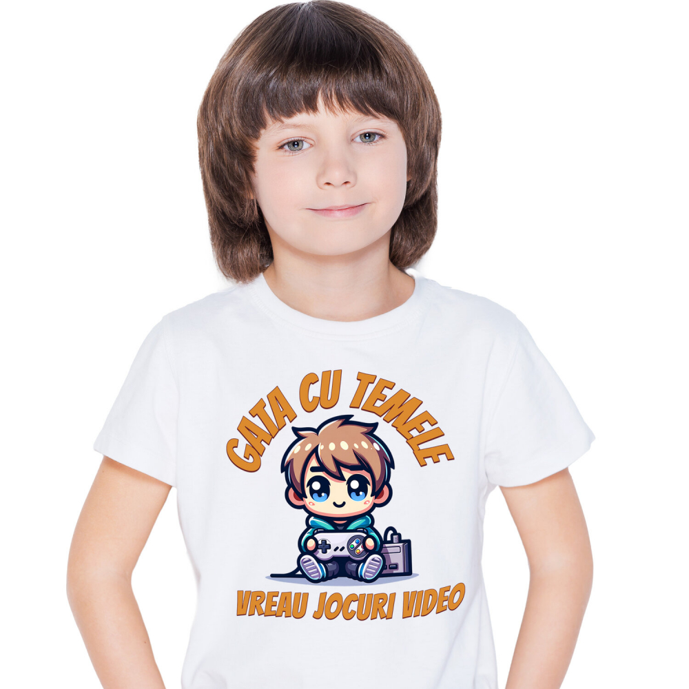 Tricou Femei, Barbati, Copii, Fata, Baiat, Unisex Personalizat Băiat Jocuri Video „Gata cu Temele Vreau Jocuri Video” - Cadou Personalizat pentru Iubitorii de Gaming [1]