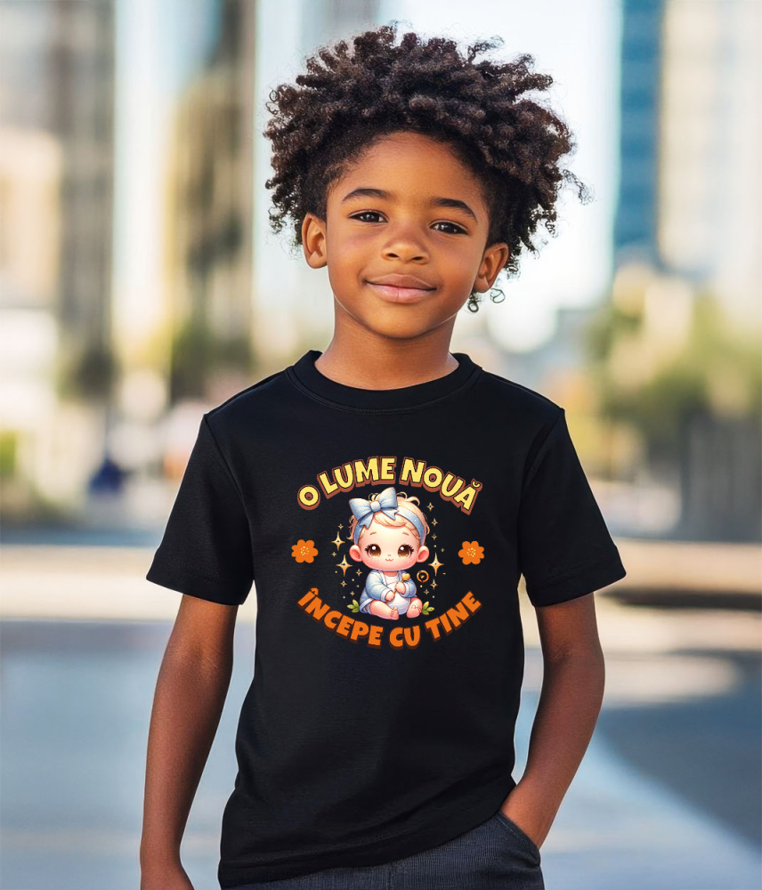 Tricou Femei, Barbati, Copii, Fata, Baiat, Unisex Personalizat Cadou Personalizat „O Lume Nouă Începe Cu Tine” | Fetiță Cu Funda [3]
