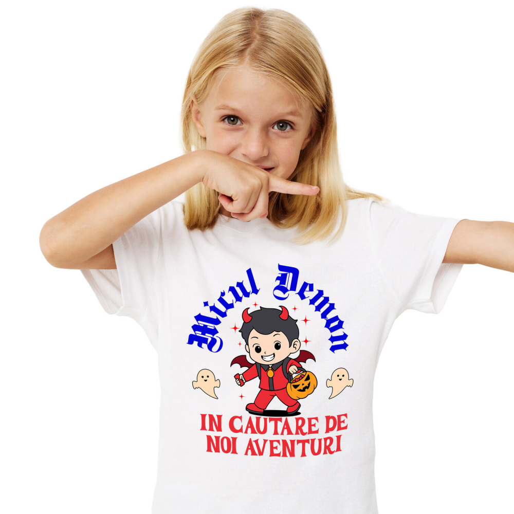 Tricou Femei, Barbati, Copii, Fata, Baiat, Unisex Personalizat Copil Costumat în Diavol pentru Halloween | În Căutarea De Aventură | Cadou Personalizat pentru Copii [1]