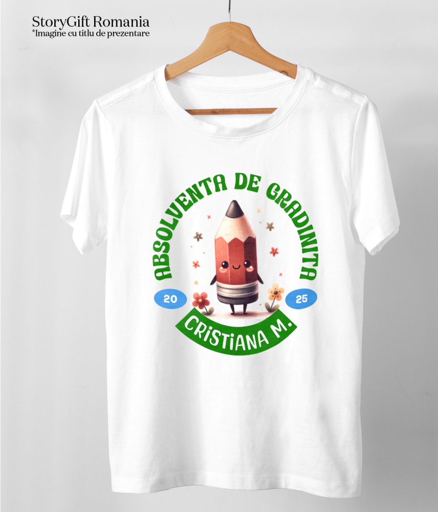 Tricou Femei, Barbati, Copii, Fata, Baiat, Unisex Personalizat Creion Ascuțit Vesel cu Flori Colorate și Text Personalizat „Absolvent de Grădiniță Cristiana M” - Cadou Educativ pentru Copii [5]