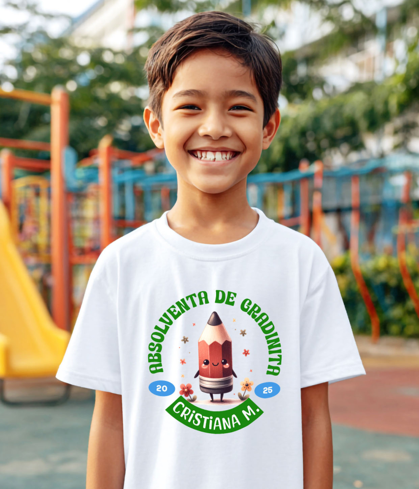 Tricou Femei, Barbati, Copii, Fata, Baiat, Unisex Personalizat Creion Ascuțit Vesel cu Flori Colorate și Text Personalizat „Absolvent de Grădiniță Cristiana M” - Cadou Educativ pentru Copii [4]