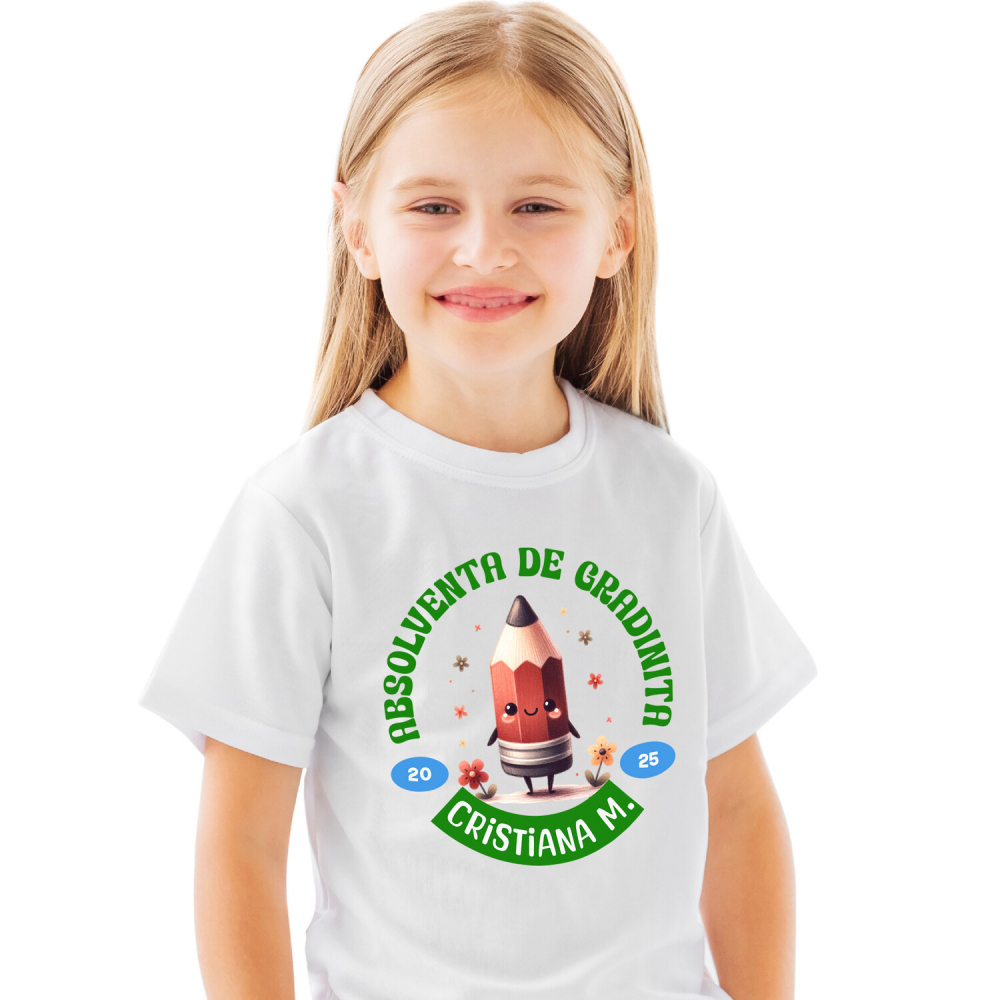 Tricou Femei, Barbati, Copii, Fata, Baiat, Unisex Personalizat Creion Ascuțit Vesel cu Flori Colorate și Text Personalizat „Absolvent de Grădiniță Cristiana M” - Cadou Educativ pentru Copii [1]