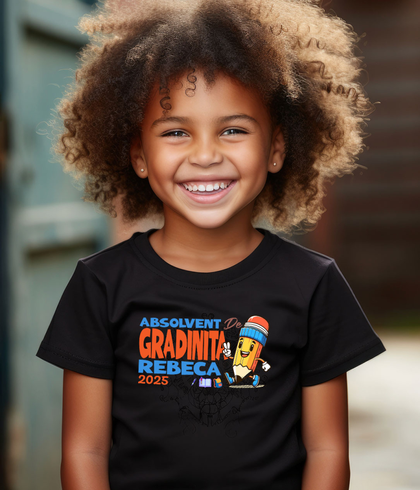 Tricou Femei, Barbati, Copii, Fata, Baiat, Unisex Personalizat Creion Vesel cu Semnul Păcii și Text Personalizat „Absolvent Grădiniță Rebeca” - Cadou Educațional pentru Copii [4]