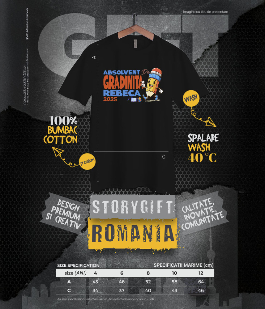 Tricou Femei, Barbati, Copii, Fata, Baiat, Unisex Personalizat Creion Vesel cu Semnul Păcii și Text Personalizat „Absolvent Grădiniță Rebeca” - Cadou Educațional pentru Copii [6]