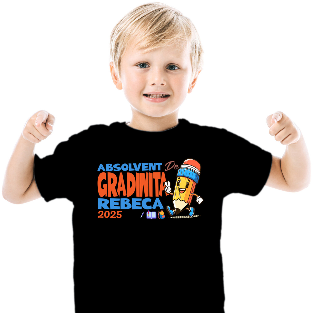 Tricou Femei, Barbati, Copii, Fata, Baiat, Unisex Personalizat Creion Vesel cu Semnul Păcii și Text Personalizat „Absolvent Grădiniță Rebeca” - Cadou Educațional pentru Copii [1]