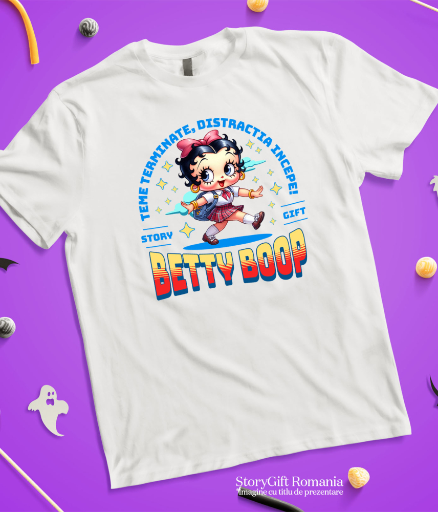 Tricou Copii cu Cu Betty Boop, Invatarea E Vesela 100% Bumbac, Alb, 12 Ani [5]