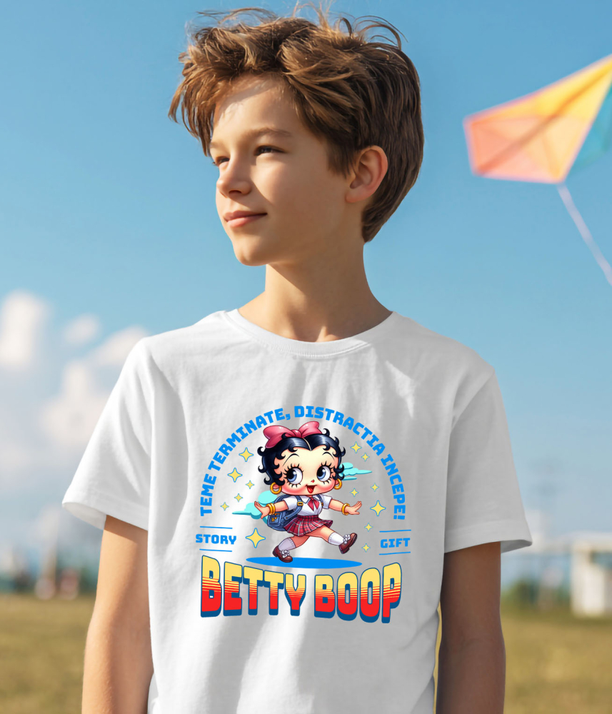 Tricou Copii cu Cu Betty Boop, Invatarea E Vesela 100% Bumbac, Alb, 12 Ani [4]