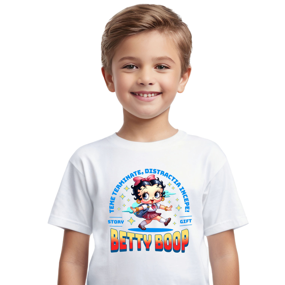 Tricou Copii cu Cu Betty Boop, Invatarea E Vesela 100% Bumbac, Alb, 12 Ani [2]