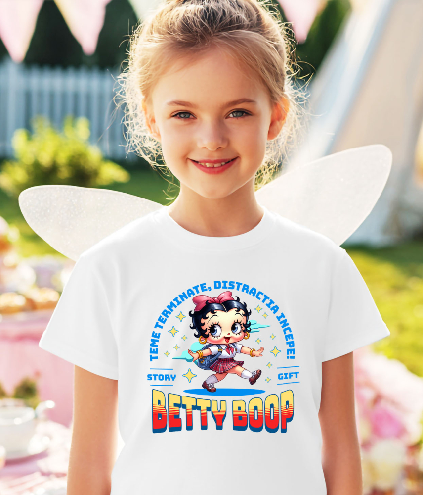 Tricou Copii cu Cu Betty Boop, Invatarea E Vesela 100% Bumbac, Alb, 12 Ani [3]