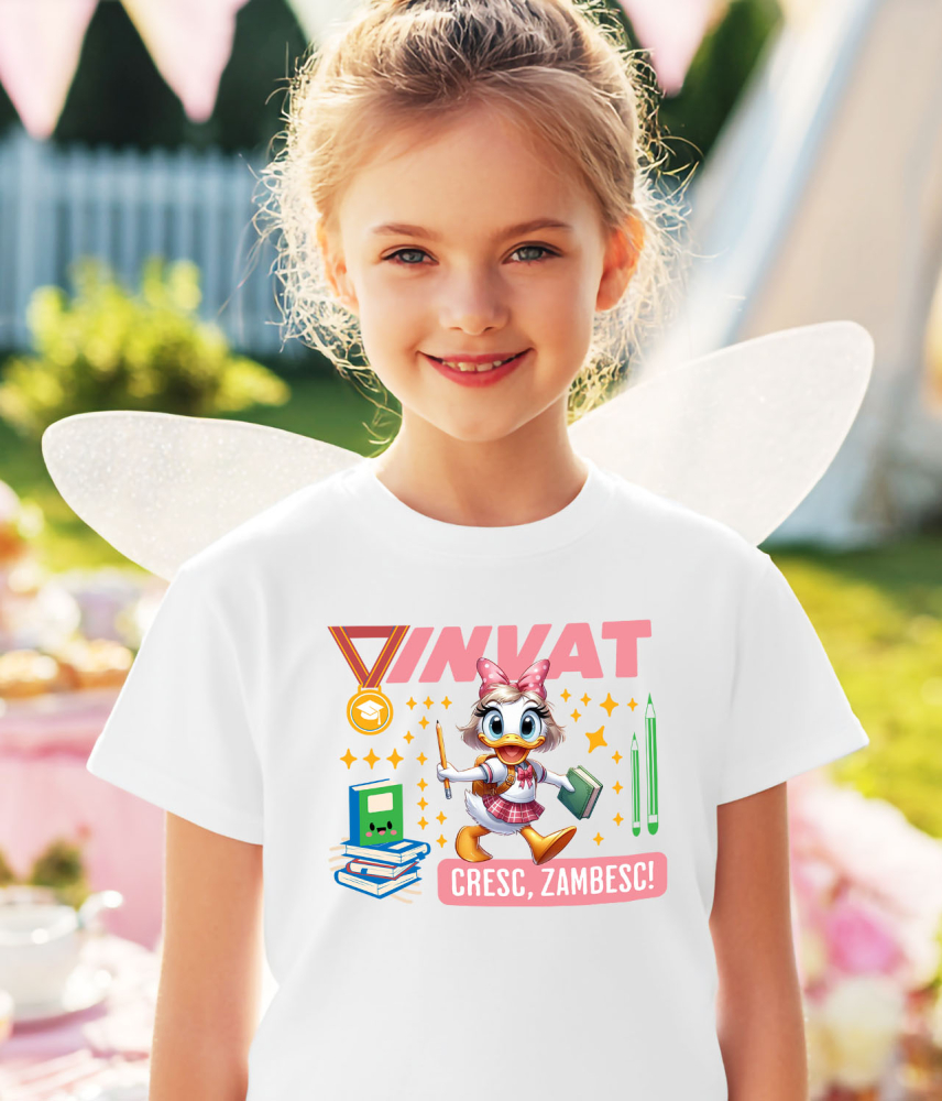 Tricou Copii cu Cu Daisy, Zambim Si Invatam Sa Fim Mai Buni 100% Bumbac, Alb, 6 Ani [3]