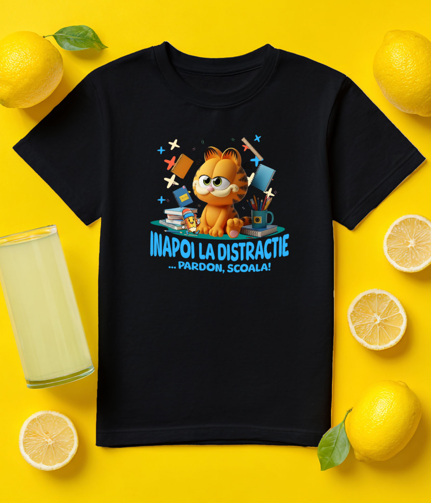 Tricou Copii cu Cu Garfield, Scoala Devine Amuzanta 100% Bumbac, Negru, 12 Ani [5]