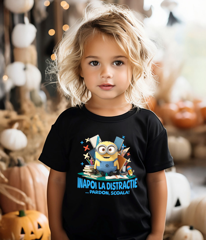 Tricou Copii cu Cu Minions, Invatarea E Haiosa 100% Bumbac, Negru, 12 Ani [3]