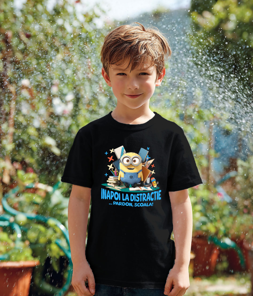 Tricou Copii cu Cu Minions, Invatarea E Haiosa 100% Bumbac, Negru, 12 Ani [4]