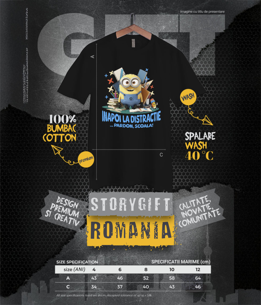 Tricou Copii cu Cu Minions, Invatarea E Haiosa 100% Bumbac, Negru, 12 Ani [6]