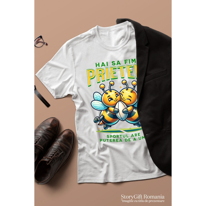 Tricou Copii cu Cuplu Albine Fericite Minge De Fotbal American Supereroi Personaje cu imprimeu pe Fata, 100% Bumbac, Alb, 4 Ani [3]