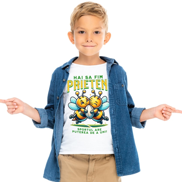 Tricou Copii cu Cuplu Albine Fericite Minge De Fotbal American Supereroi Personaje cu imprimeu pe Fata, 100% Bumbac, Alb, 4 Ani [2]