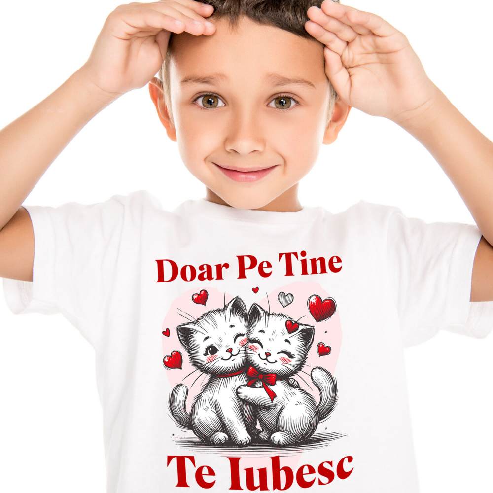 Tricou Femei, Barbati, Copii, Fata, Baiat, Unisex Personalizat Cuplu Pisici Albe Îndrăgostite cu Mesaj „Doar pe Tine Te Iubesc” – Cadou Personalizat pentru Valentine's Day [1]