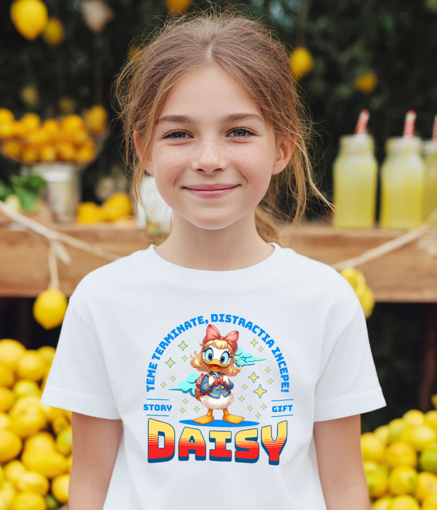 Tricou Copii cu Daisy – Lectii Gata, Distractie Pornita 100% Bumbac, Alb, 12 Ani [3]