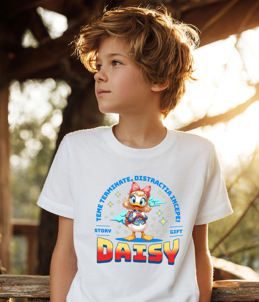 Tricou Copii cu Daisy – Lectii Gata, Distractie Pornita 100% Bumbac, Alb, 12 Ani [4]