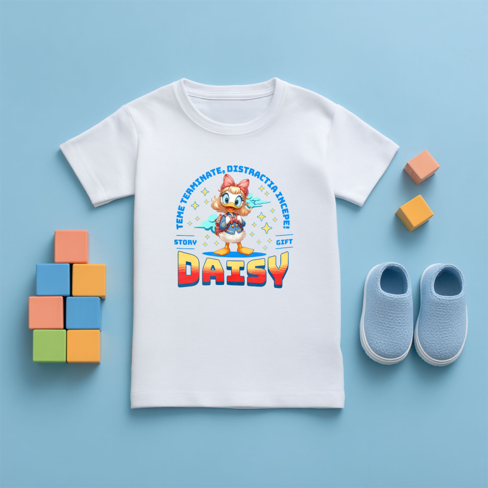 Tricou Copii cu Daisy – Lectii Gata, Distractie Pornita 100% Bumbac, Alb, 12 Ani [5]