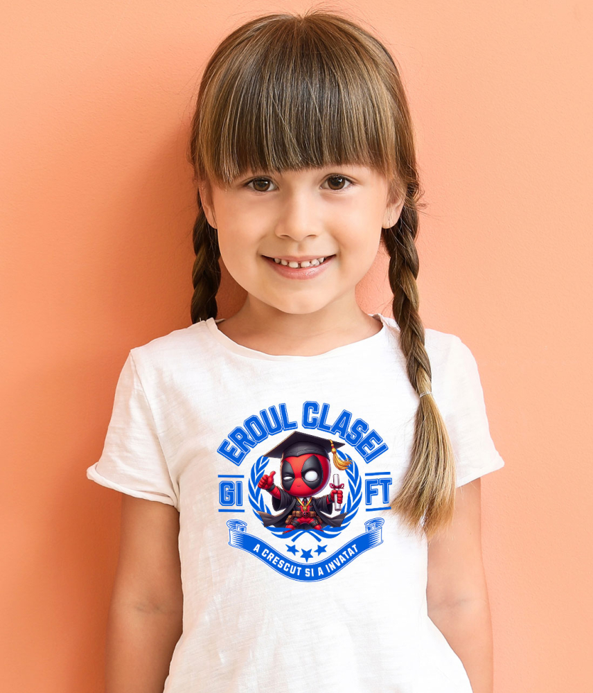 Tricou Copii cu  Deadpool – Curaj, Joaca, Cunoastere 100% Bumbac, Alb, 10 Ani [4]