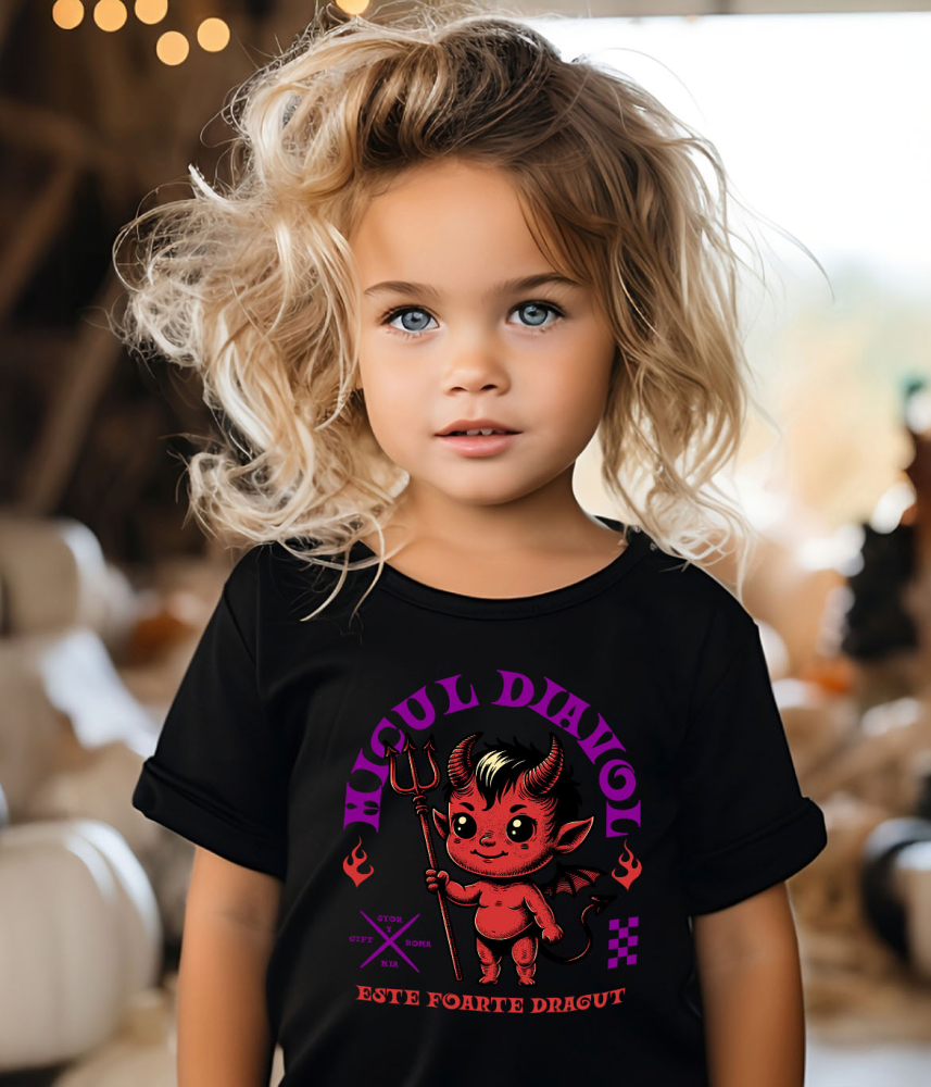 Tricou Femei, Barbati, Copii, Fata, Baiat, Unisex Personalizat Diavol Cu Furca și Mesaj „Micul Diavol Este Foarte Drăguț” pentru Halloween | Cadou Personalizat pentru Copii [4]