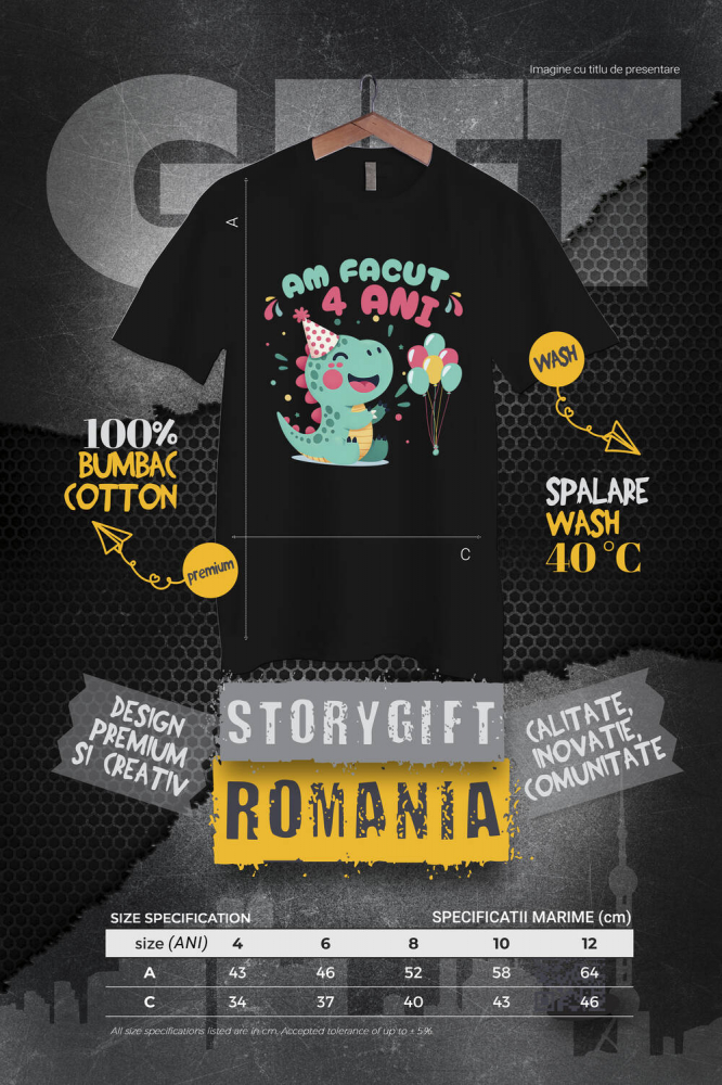 Tricou Femei, Barbati, Copii, Fata, Baiat, Unisex Personalizat Dinozaur cu Coif și Baloane - Aniversare 4 Ani Petrecere Copii [4]