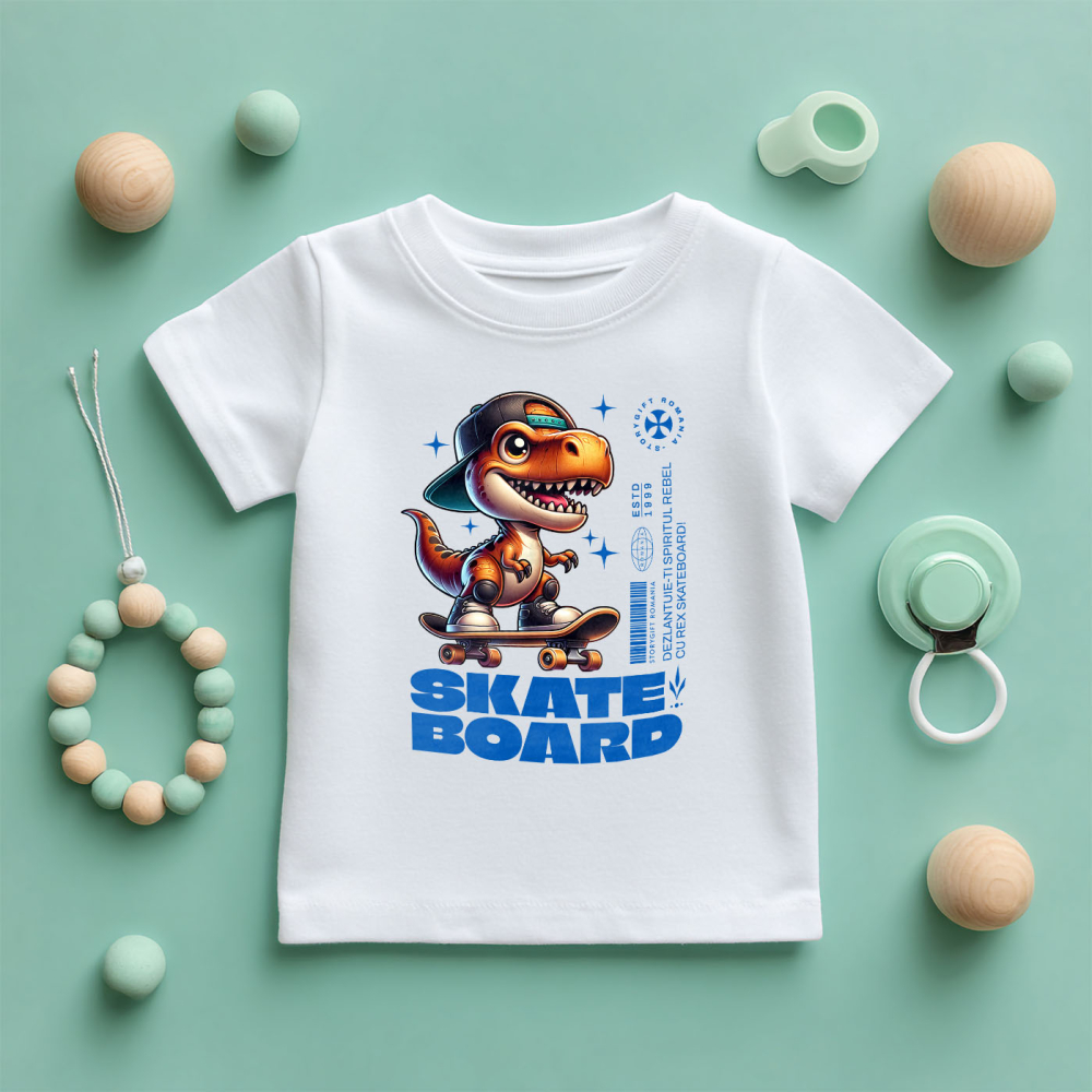 Tricou Femei, Barbati, Copii, Fata, Baiat, Unisex Personalizat Dinozaur Skateboard Cu Șapcă – Design Urban Vesel [5]