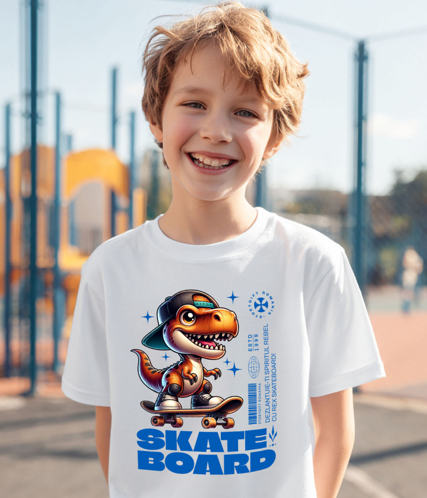 Tricou Femei, Barbati, Copii, Fata, Baiat, Unisex Personalizat Dinozaur Skateboard Cu Șapcă – Design Urban Vesel [3]