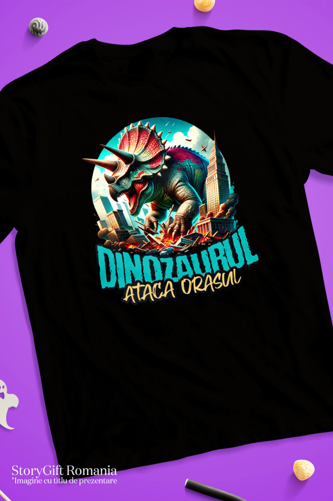 Tricou Femei, Barbati, Copii, Fata, Baiat, Unisex Personalizat Dinozaur Fioros Atacă Orașul 3D - Cadou Personalizat pentru Copii și Tati [3]