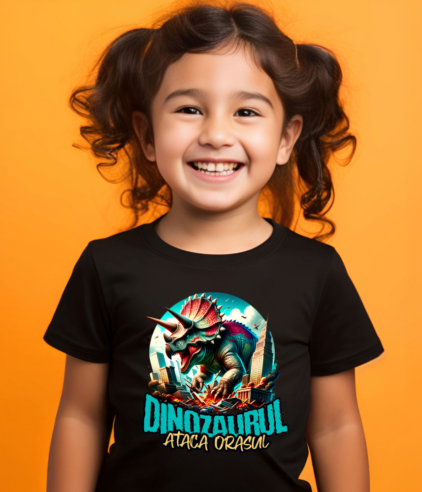 Tricou Femei, Barbati, Copii, Fata, Baiat, Unisex Personalizat Dinozaur Fioros Atacă Orașul 3D - Cadou Personalizat pentru Copii și Tati [3]